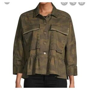 JOIE Green Mix Camo Print SAMIA Dolman Sleeve Studded Ruffle Peplum Hem Jacket
